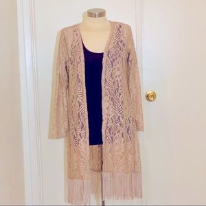 lace design cardigan duster with fringe